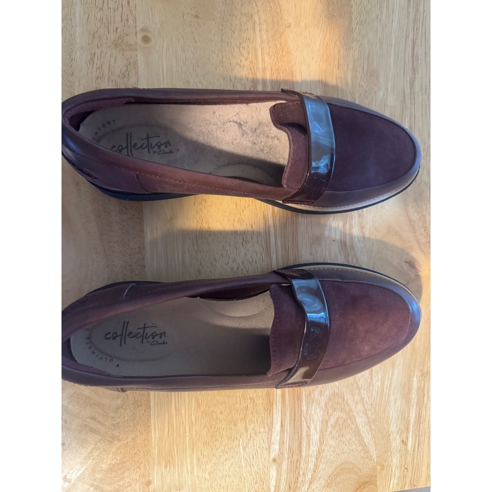 Clarks Collection Burgundy Leather Suede Wedge Loafers Mixed Media Slip On Shoes